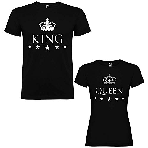 Pack de 2 Camisetas Negras para Parejas, King y Queen, Blanco (Mujer TamaÃ±o S + Hombre TamaÃ±o S)
