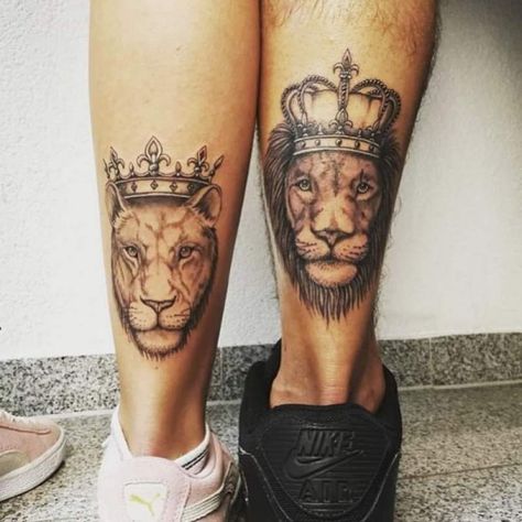 tatuajes leon y leona piernas corona